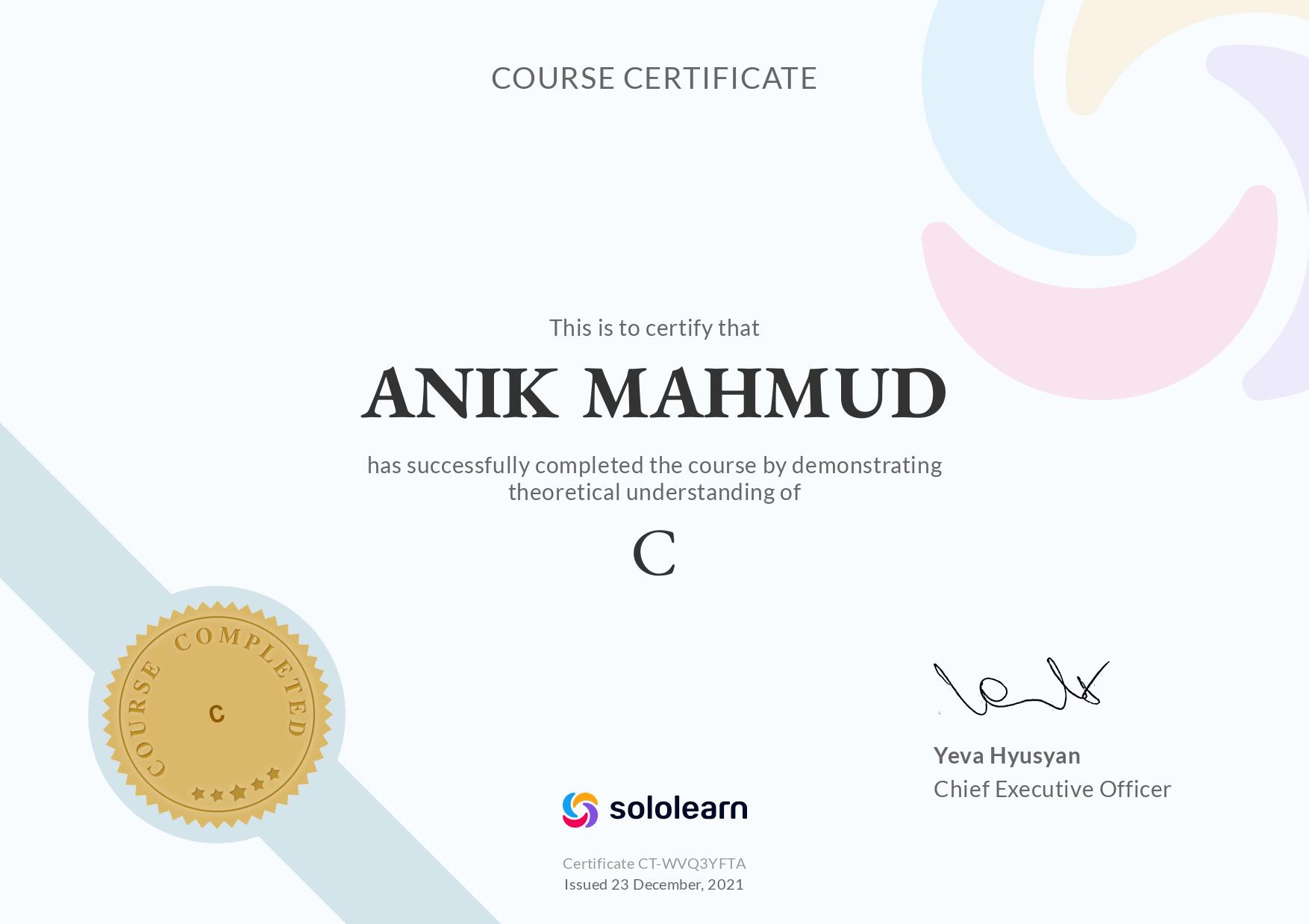 C Programming certificate - Sololearn