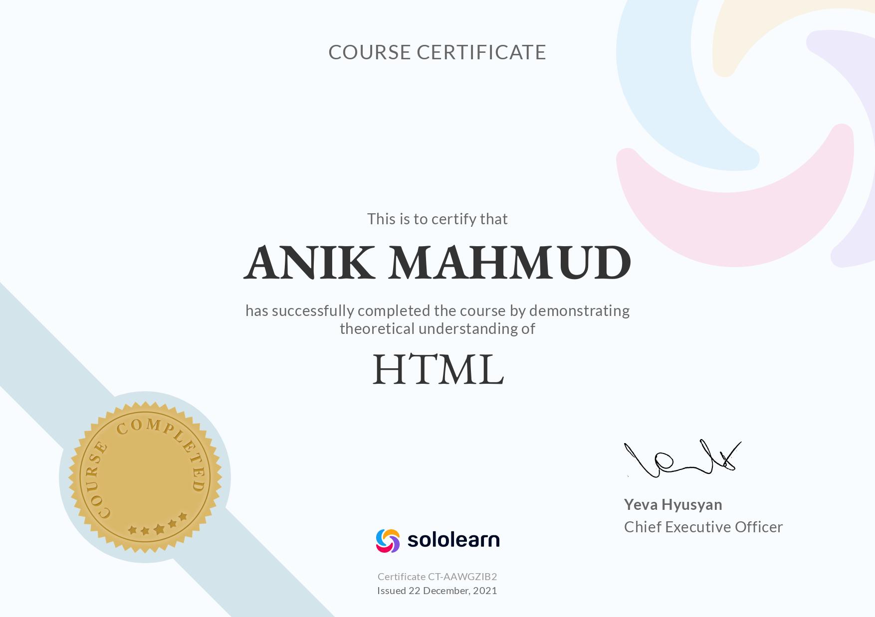 HTML certificate - Sololearn
